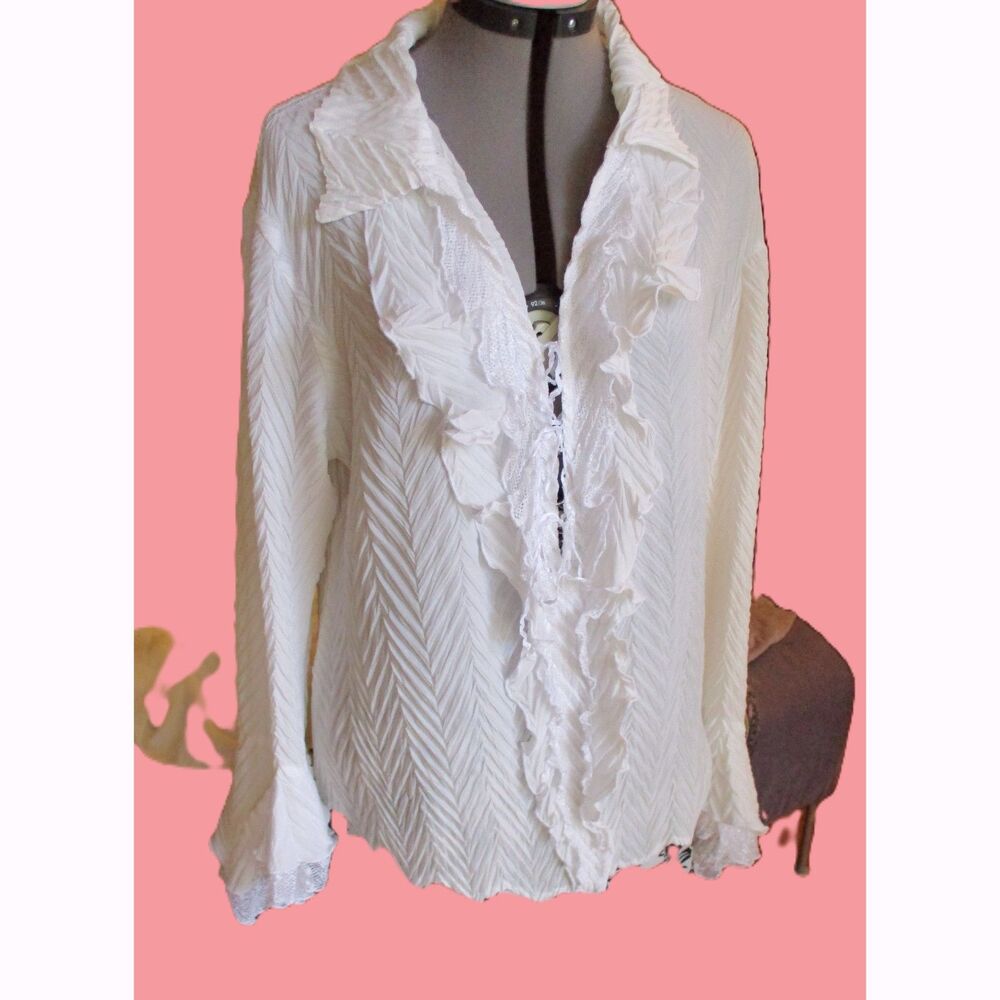 Komarov White Pleated Ruffle Blouse Lace Up Romantic Boho Top Women's L/XL